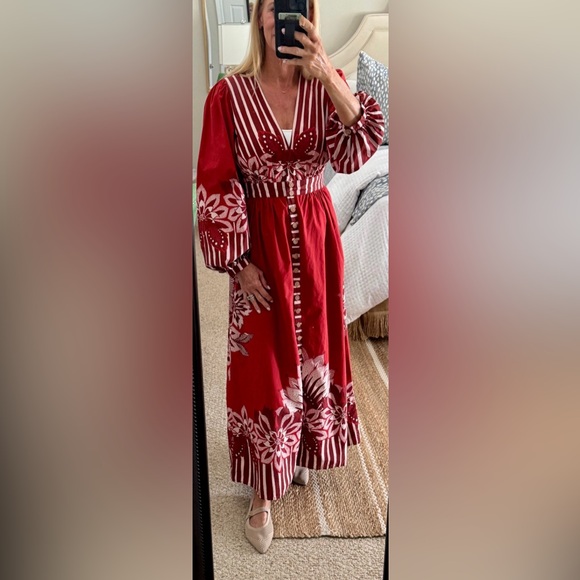 FARM Rio Long Sleeve V-neck Midi Dress Red Size M EUC - Picture 4 of 6